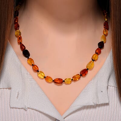Multi Color Natural Amber Beaded Necklace in 14K YG Over Sterling Silver 20 Inches