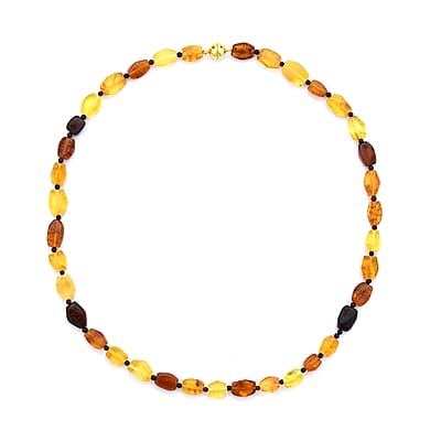 Multi Color Natural Amber Beaded Necklace in 14K YG Over Sterling Silver 20 Inches