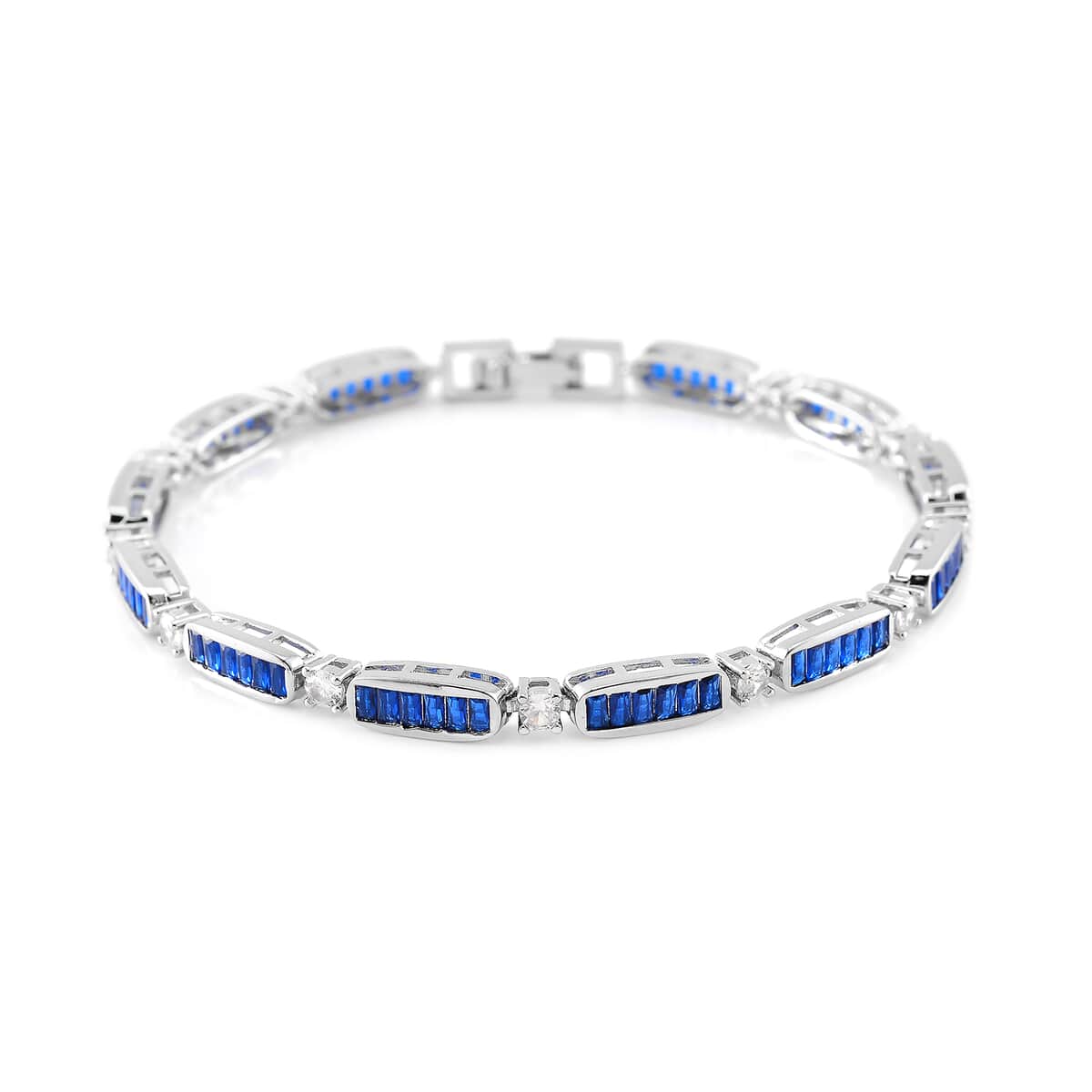 Simulated Blue and White Diamond Bracelet in Silvertone (7.75 In) image number 0