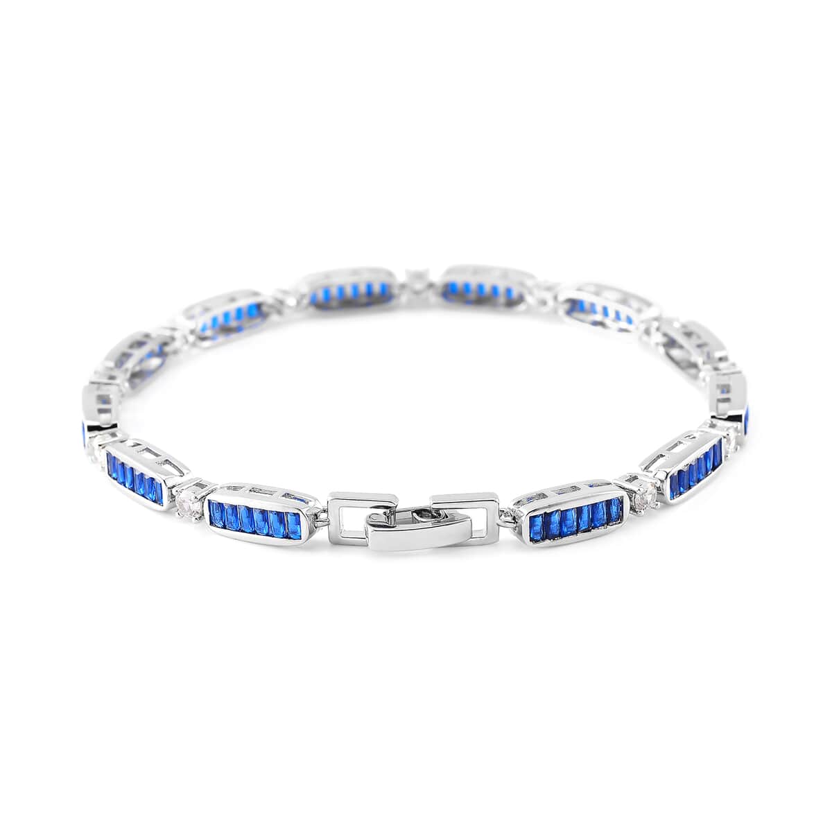 Simulated Blue and White Diamond Bracelet in Silvertone (7.75 In) image number 2