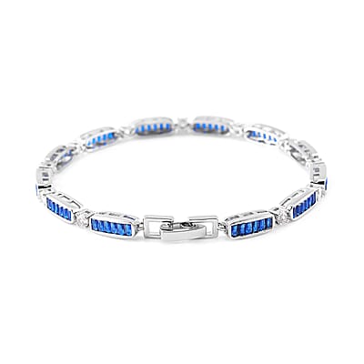 Simulated Blue and White Diamond Bracelet in Silvertone (7.75 In)