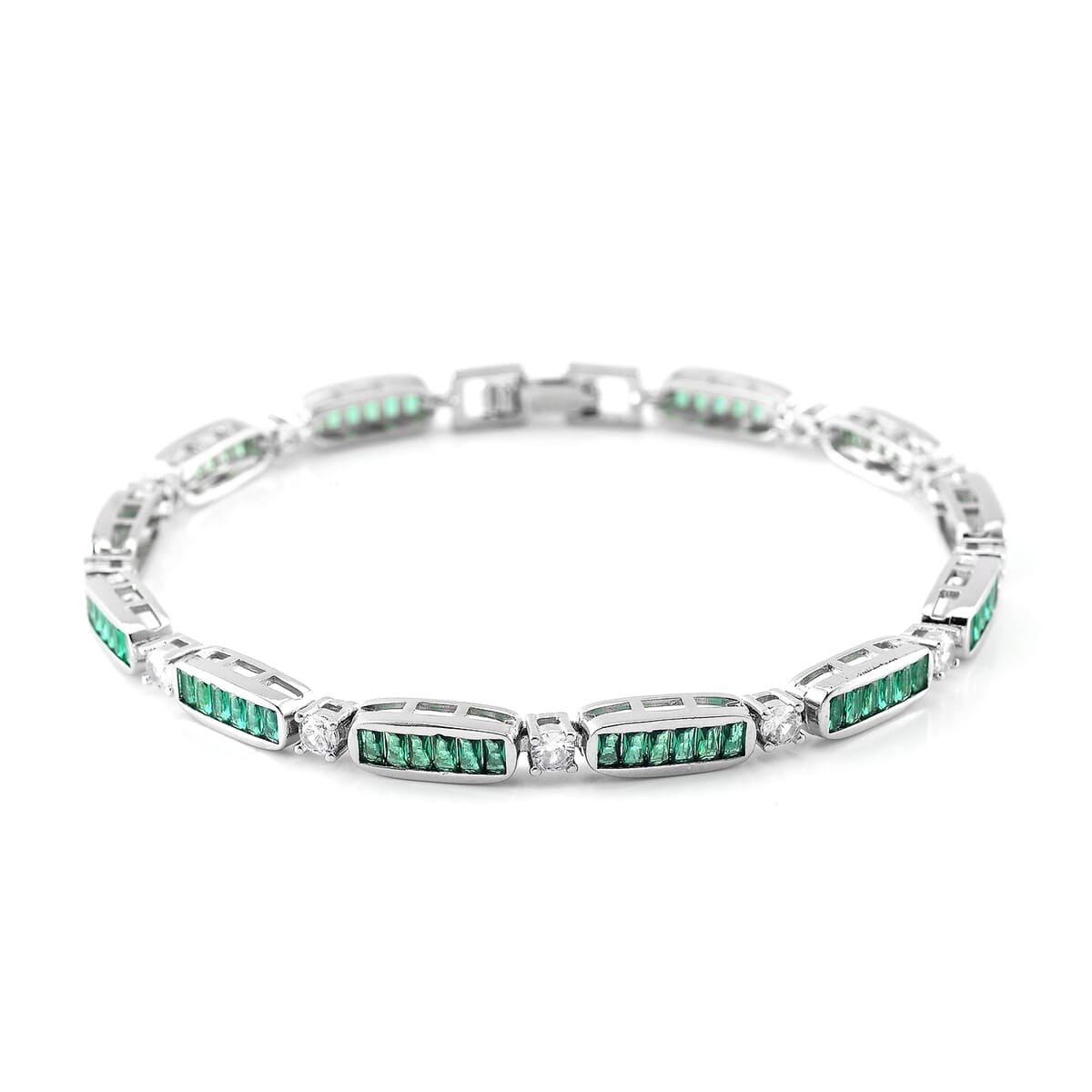 Simulated Green and White Diamond Bracelet in Silvertone (7.75 In) image number 0