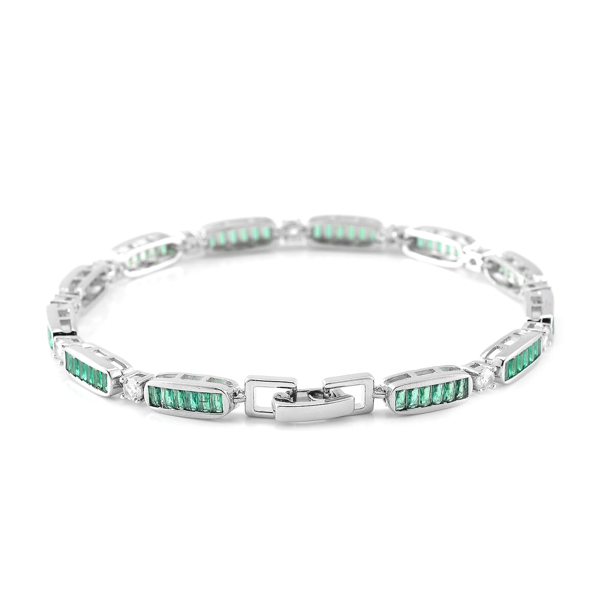 Simulated Green and White Diamond Bracelet in Silvertone (7.75 In) image number 2