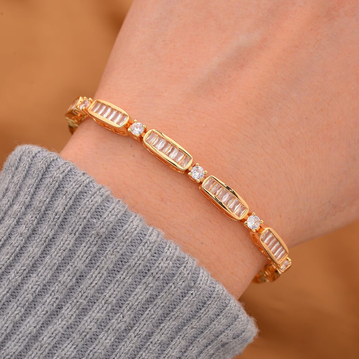 Simulated Diamond Bracelet in Goldtone (7.75 In) image number 1