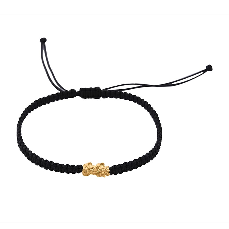 24K Yellow Gold Pixiu Bracelet in Black Cord Adjustable (0.10 g)