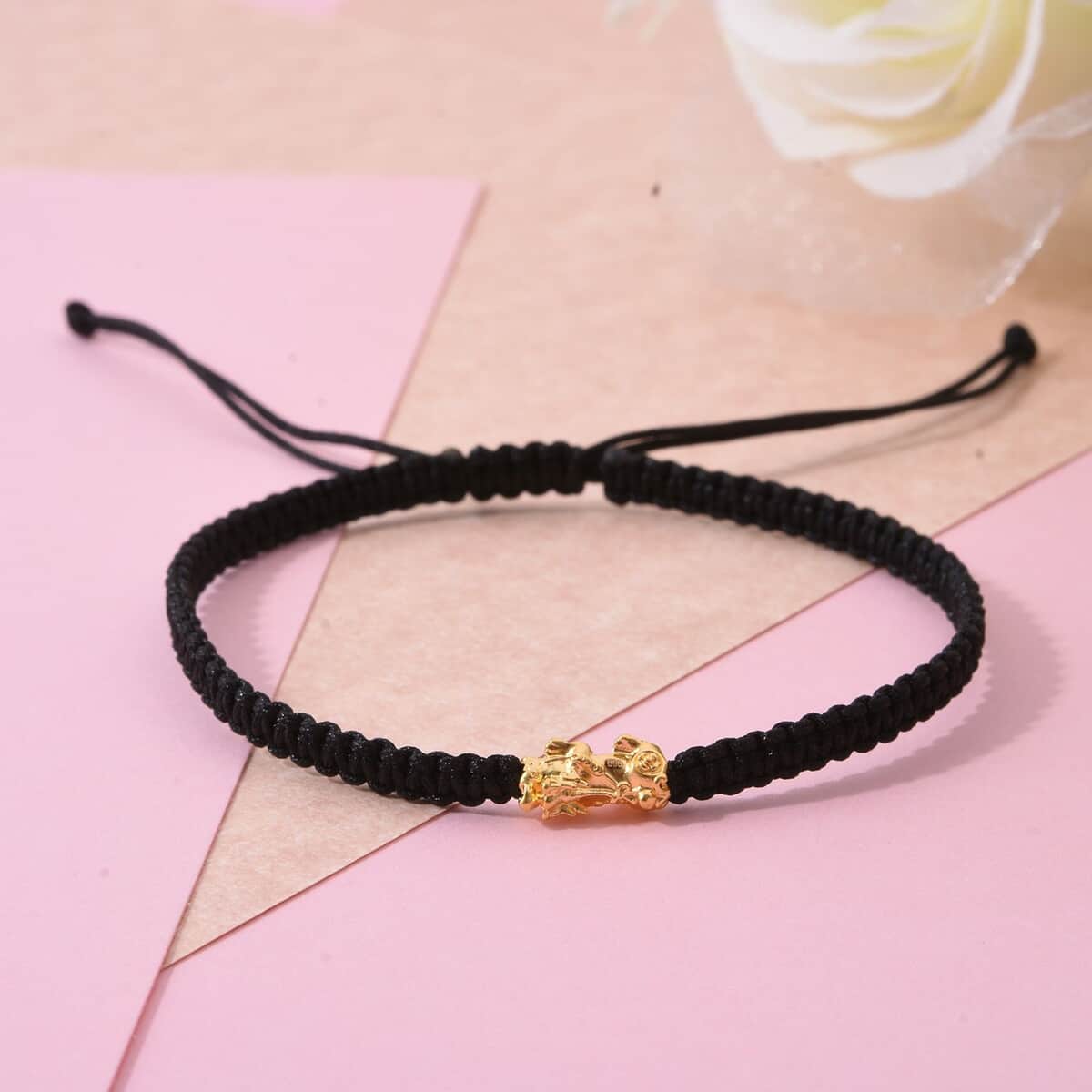 24K Yellow Gold Pixiu Bracelet in Black Cord Adjustable image number 1