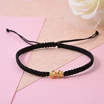 24K Yellow Gold Pixiu Bracelet in Black Cord Adjustable (0.10 g)