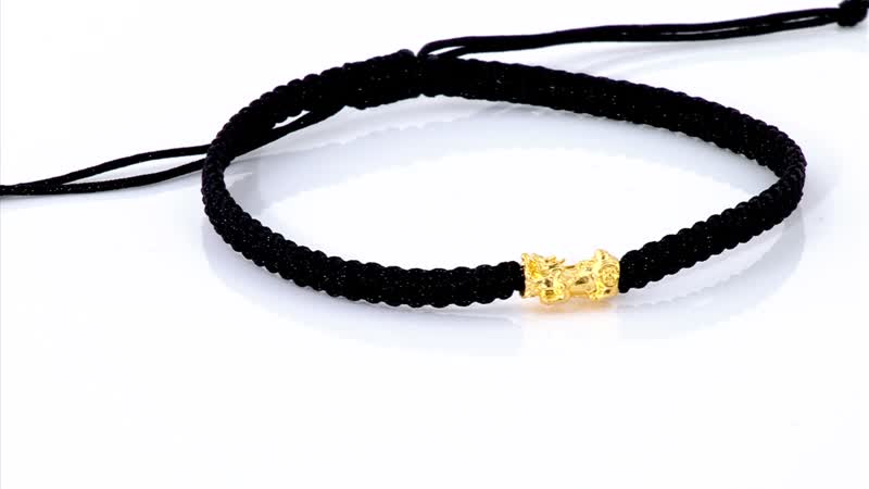 24K Yellow Gold Pixiu Bracelet in Black Cord Adjustable