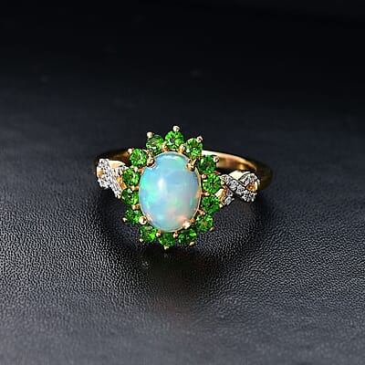 Premium Ethiopian Welo Opal and Multi Gemstone 1.80 ctw Sunburst Ring in 18K Vermeil Yellow Gold Over Sterling Silver (Size 10.0)
