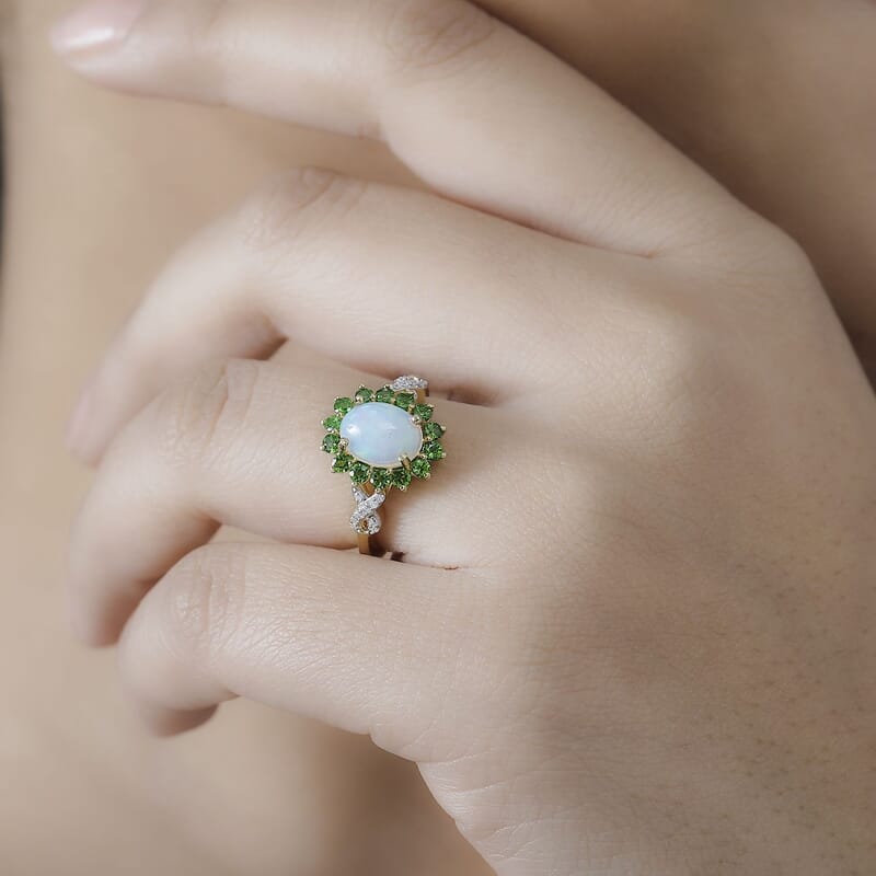 Premium Ethiopian Welo Opal and Multi Gemstone 1.80 ctw Sunburst Ring in 18K Vermeil Yellow Gold Over Sterling Silver (Size 10.0)