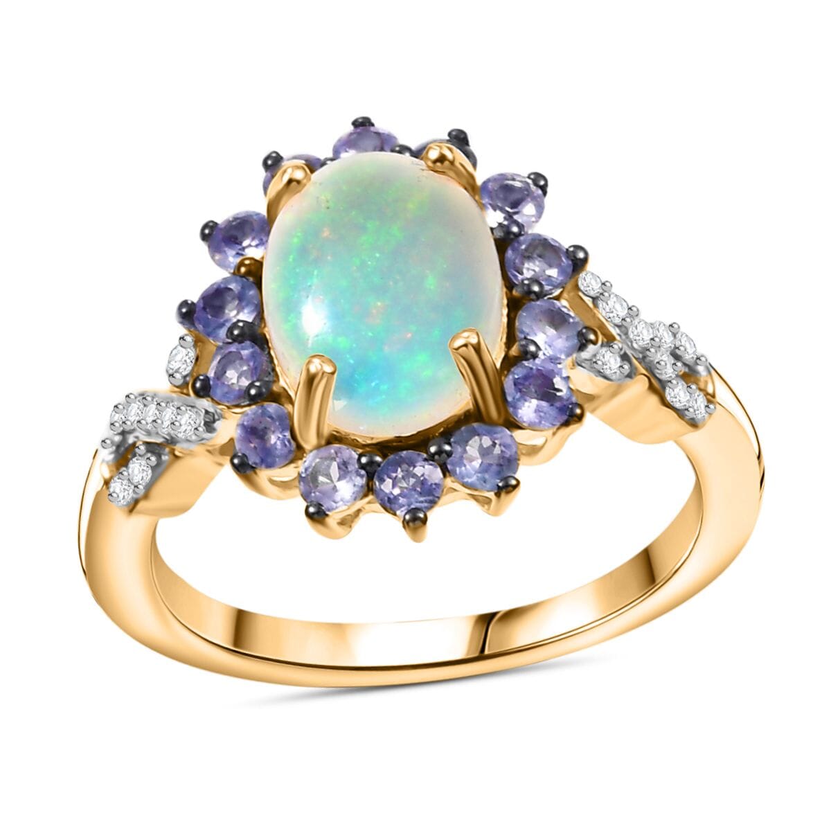 Premium Ethiopian Welo Opal and Multi Gemstone 1.85 ctw Sunburst Ring in 18K Vermeil Yellow Gold Over Sterling Silver (Size 6.0) image number 0