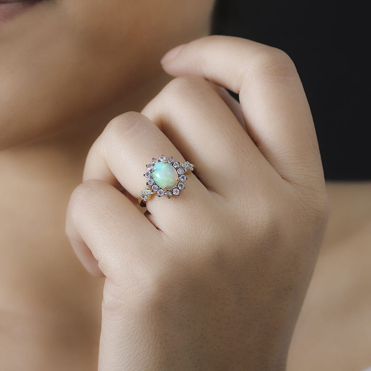 Premium Ethiopian Welo Opal and Multi Gemstone 1.85 ctw Sunburst Ring in 18K Vermeil Yellow Gold Over Sterling Silver (Size 7.0) image number 2