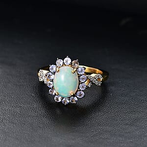 D'Joy Premium Ethiopian Welo Opal and Multi Gemstone 1.85 ctw Sunburst Ring in 18K Vermeil Yellow Gold Over Sterling Silver (Size 8.0)