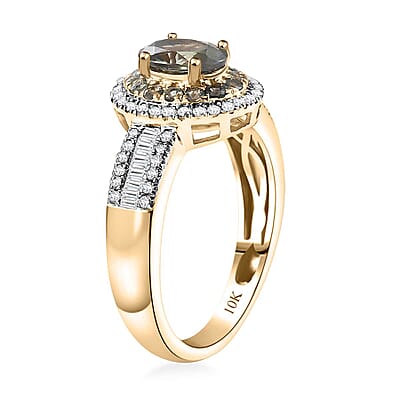 Luxoro AAA Narsipatnam Alexandrite and I2 Diamond 1.35 ctw Double Halo Ring in 10K Yellow Gold (Size 10.0)