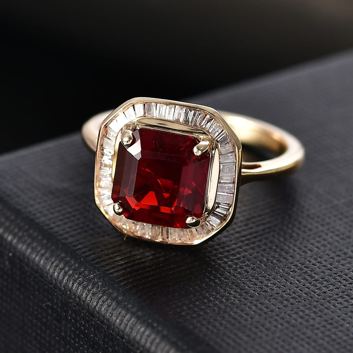 Luxoro Premium Mexican Cherry Fire Opal and G-H I3 Diamond 1.90 ctw Ring in 10K Yellow Gold (Size 7.0) image number 1