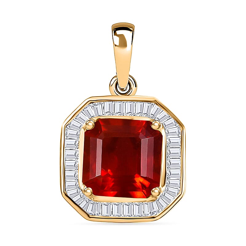 Luxoro Premium Mexican Cherry Fire Opal and G-H I3 Diamond 1.85 ctw Halo Pendant without Chain in 10K Yellow Gold