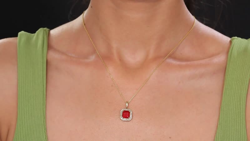 Luxoro Premium Mexican Cherry Fire Opal and G-H I3 Diamond 1.85 ctw Halo Pendant without Chain in 10K Yellow Gold