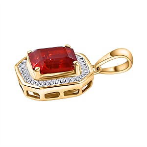 Luxoro Premium Mexican Cherry Fire Opal and G-H I3 Diamond 1.85 ctw Halo Pendant without Chain in 10K Yellow Gold