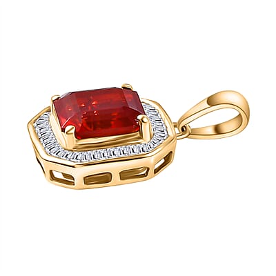Luxoro Premium Mexican Cherry Fire Opal and G-H I3 Diamond 1.85 ctw Halo Pendant without Chain in 10K Yellow Gold