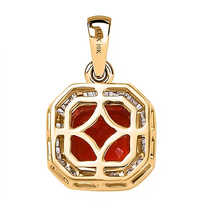 Luxoro Premium Mexican Cherry Fire Opal and G-H I3 Diamond 1.85 ctw Halo Pendant without Chain in 10K Yellow Gold