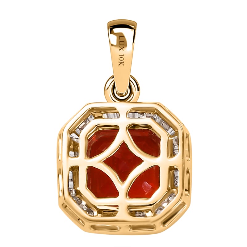 Luxoro Premium Mexican Cherry Fire Opal and G-H I3 Diamond 1.85 ctw Halo Pendant without Chain in 10K Yellow Gold