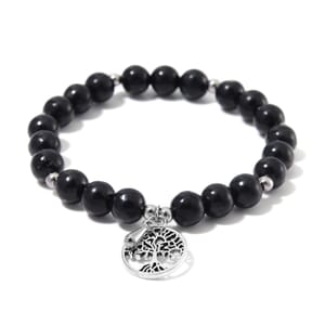 Shungite 70.00 ctw Beaded Stretch Bracelet with Tree of Life in Silvertone