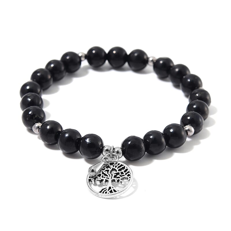 Shungite 70.00 ctw Beaded Stretch Bracelet with Tree of Life in Silvertone