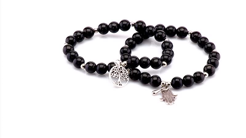 Shungite Beaded Stretch Bracelet with Tree of Life in Silvertone 70.00 ctw