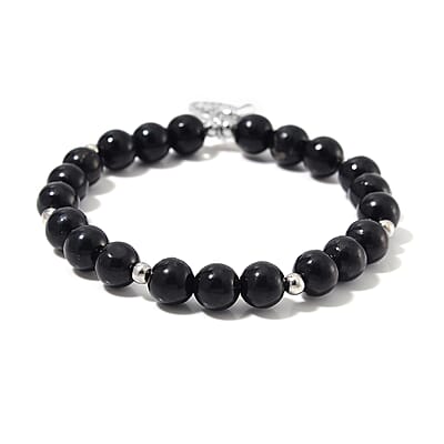 Shungite 70.00 ctw Beaded Stretch Bracelet with Tree of Life in Silvertone