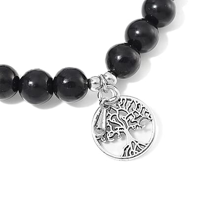 Shungite 70.00 ctw Beaded Stretch Bracelet with Tree of Life in Silvertone