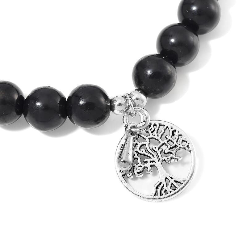 Shungite 70.00 ctw Beaded Stretch Bracelet with Tree of Life in Silvertone