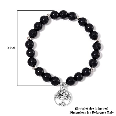 Shungite 70.00 ctw Beaded Stretch Bracelet with Tree of Life in Silvertone