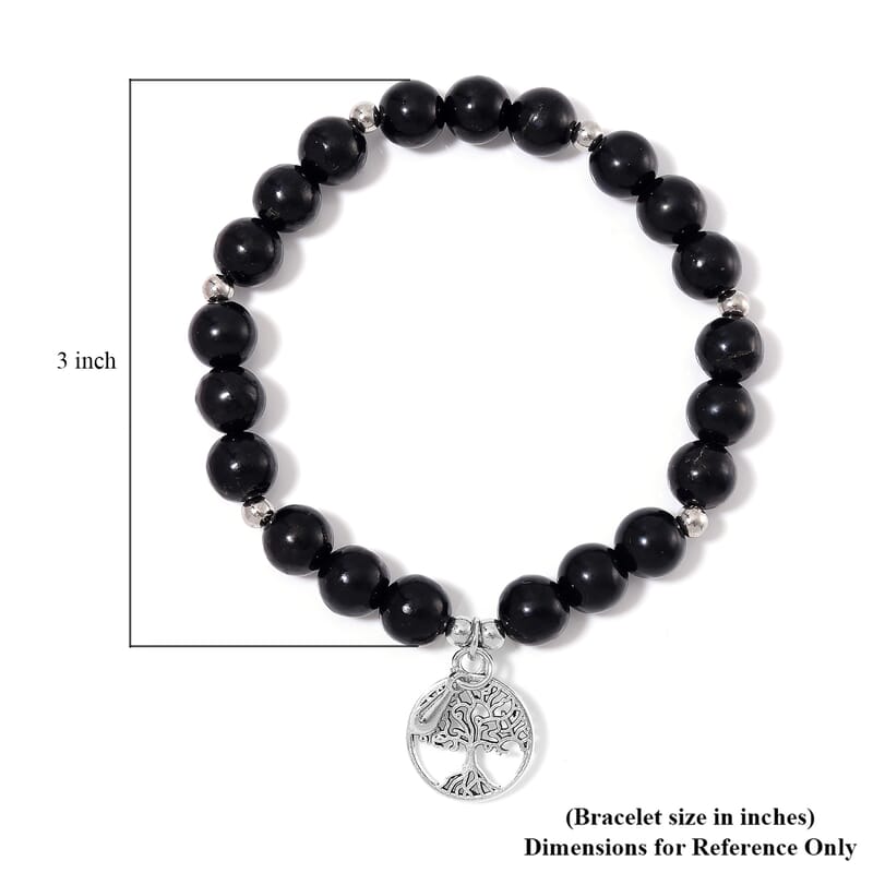 Shungite 70.00 ctw Beaded Stretch Bracelet with Tree of Life in Silvertone