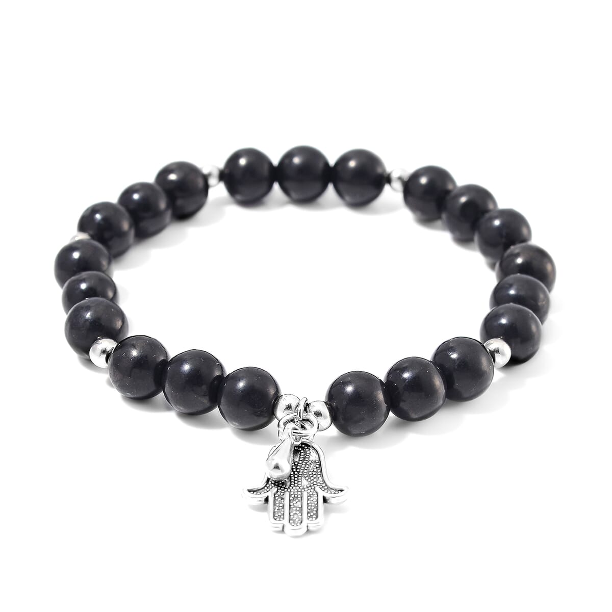 Shungite 75.00 ctw Beaded Stretch Bracelet with Hamsa Charm in Silvertone image number 0