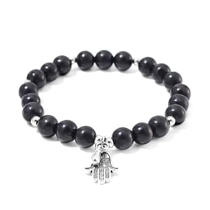 Shungite 75.00 ctw Beaded Stretch Bracelet with Hamsa Charm in Silvertone