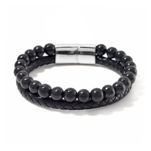 Shungite 90.00 ctw Leather Cord Bracelet in Stainless Steel (8.00 In)