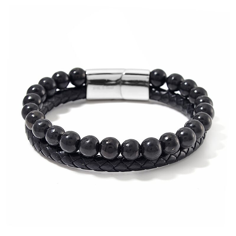 Shungite 90.00 ctw Leather Cord Bracelet in Stainless Steel (8.00 In)
