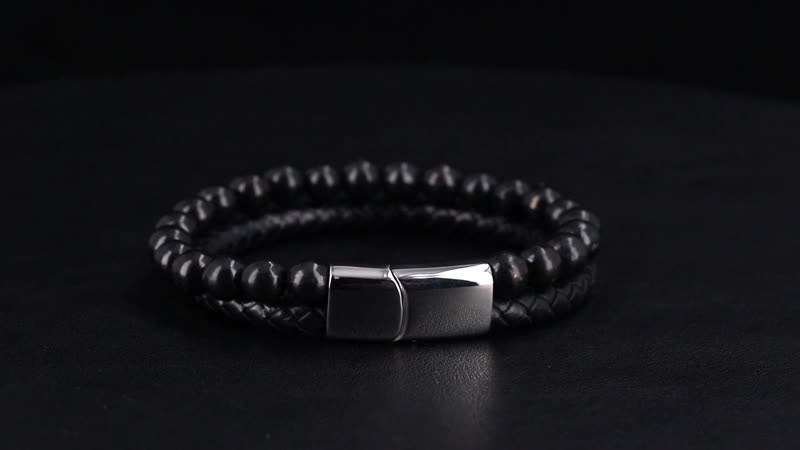 Shungite, Leather Cord Bracelet Bracelet in Stainless Steel (8.00 In) 90.00 ctw