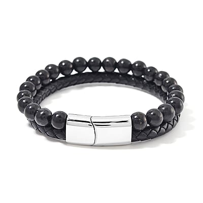 Shungite 90.00 ctw Leather Cord Bracelet in Stainless Steel (8.00 In)