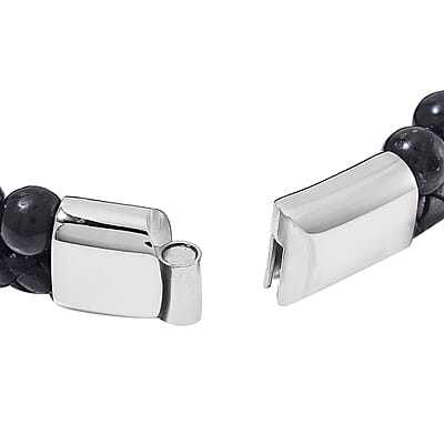 Shungite 90.00 ctw Leather Cord Bracelet in Stainless Steel (8.00 In)