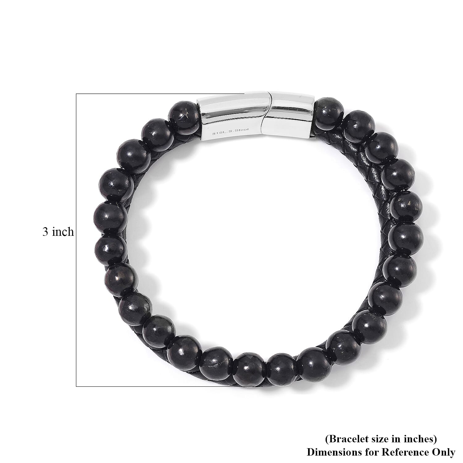 Shungite 90.00 ctw Leather Cord Bracelet in Stainless Steel (8.00 In)