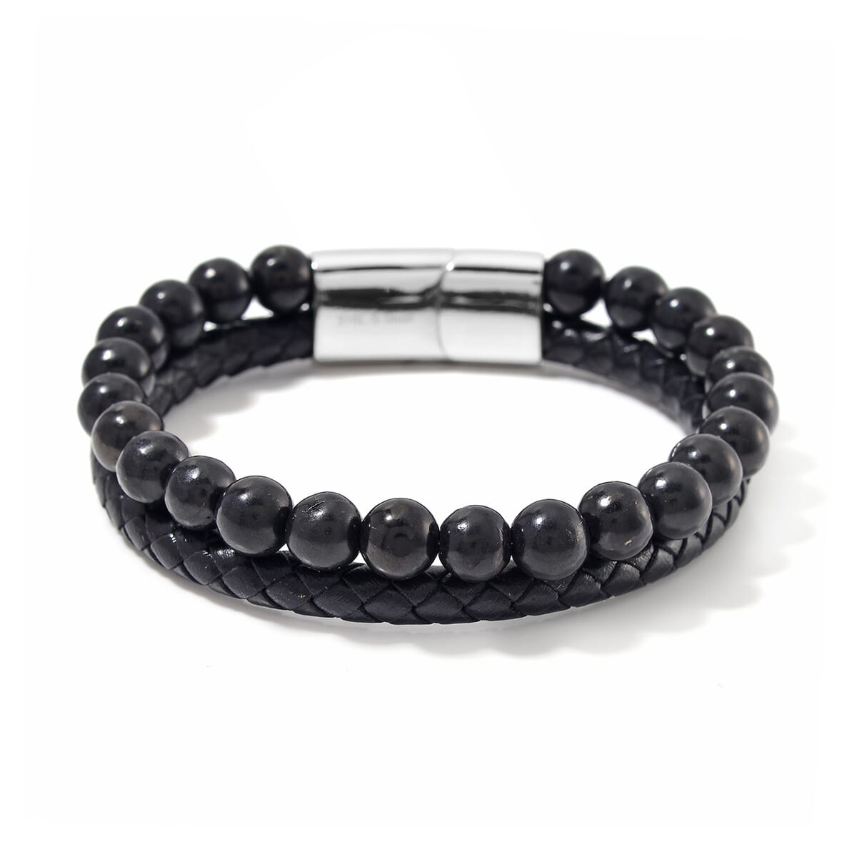 Shungite 100.00 ctw Leather Cord Bracelet Bracelet in Stainless Steel (8.50 In) image number 0