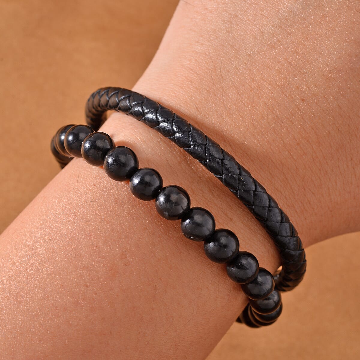 Shungite 100.00 ctw Leather Cord Bracelet Bracelet in Stainless Steel (8.50 In) image number 1