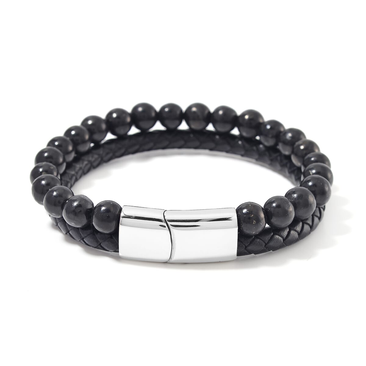 Shungite 100.00 ctw Leather Cord Bracelet Bracelet in Stainless Steel (8.50 In) image number 2