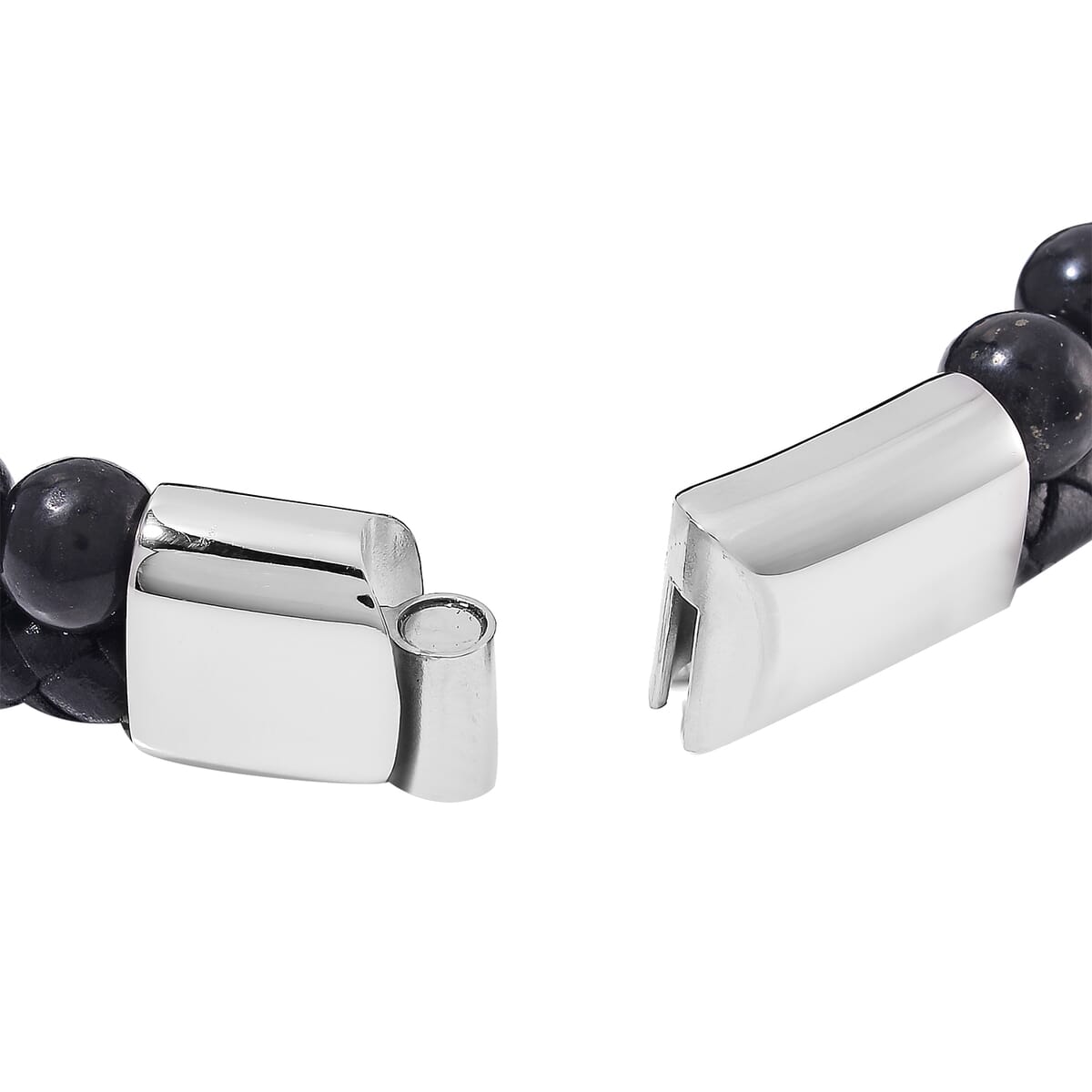 Shungite 100.00 ctw Leather Cord Bracelet Bracelet in Stainless Steel (8.50 In) image number 3