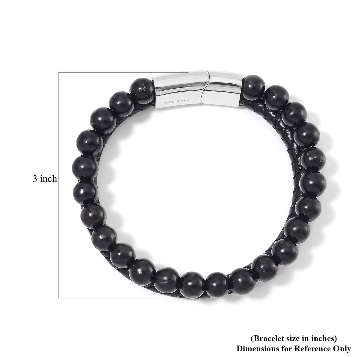 Shungite 100.00 ctw Leather Cord Bracelet Bracelet in Stainless Steel (8.50 In) image number 4