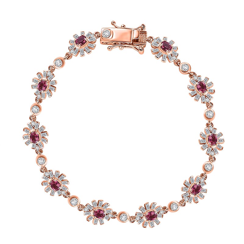 D'Joy Ouro Fino Rubellite and Moissanite 4.40 ctw Floral Bracelet in 18K Vermeil Rose Gold Over Sterling Sil (7.25 In)