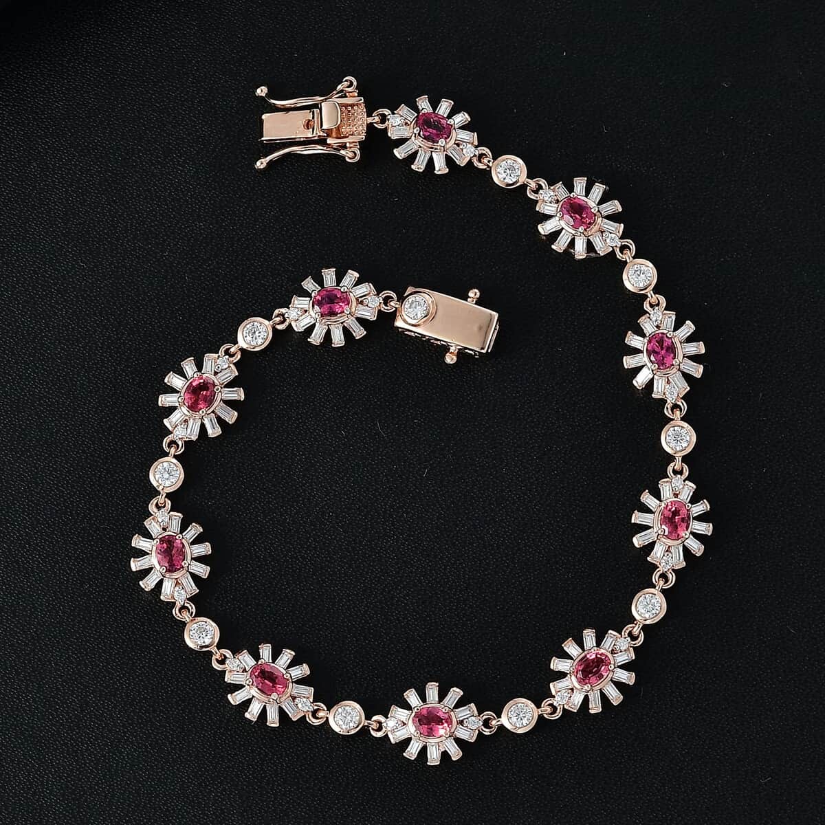 Ouro Fino Rubellite and Moissanite 4.40 ctw Floral Bracelet in 18K Vermeil Rose Gold Over Sterling Sil (7.25 In) image number 1