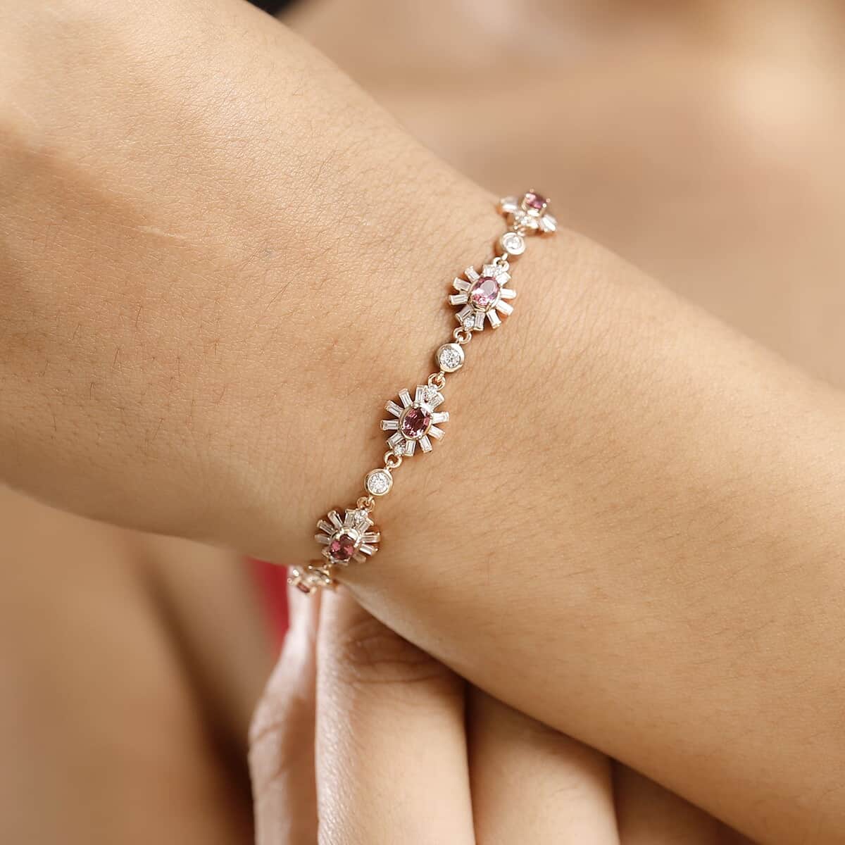 Ouro Fino Rubellite and Moissanite 4.40 ctw Floral Bracelet in 18K Vermeil Rose Gold Over Sterling Sil (7.25 In) image number 2