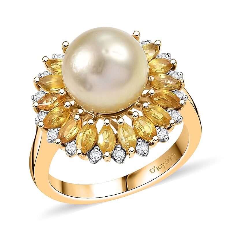 D'Joy South Sea Golden Cultured Pearl and Multi Gemstone 2.00 ctw Dawn to Dusk Ring in 18K Vermeil Yellow Gold Over Sterling Silver (Size 10.0)